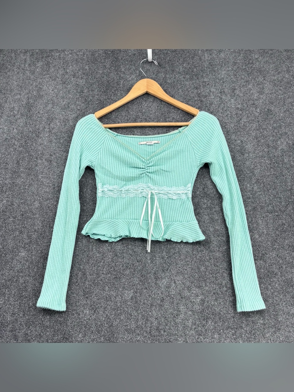 Kimchi Blue Mint Ribbed Lace-Trim Long Sleeve Top